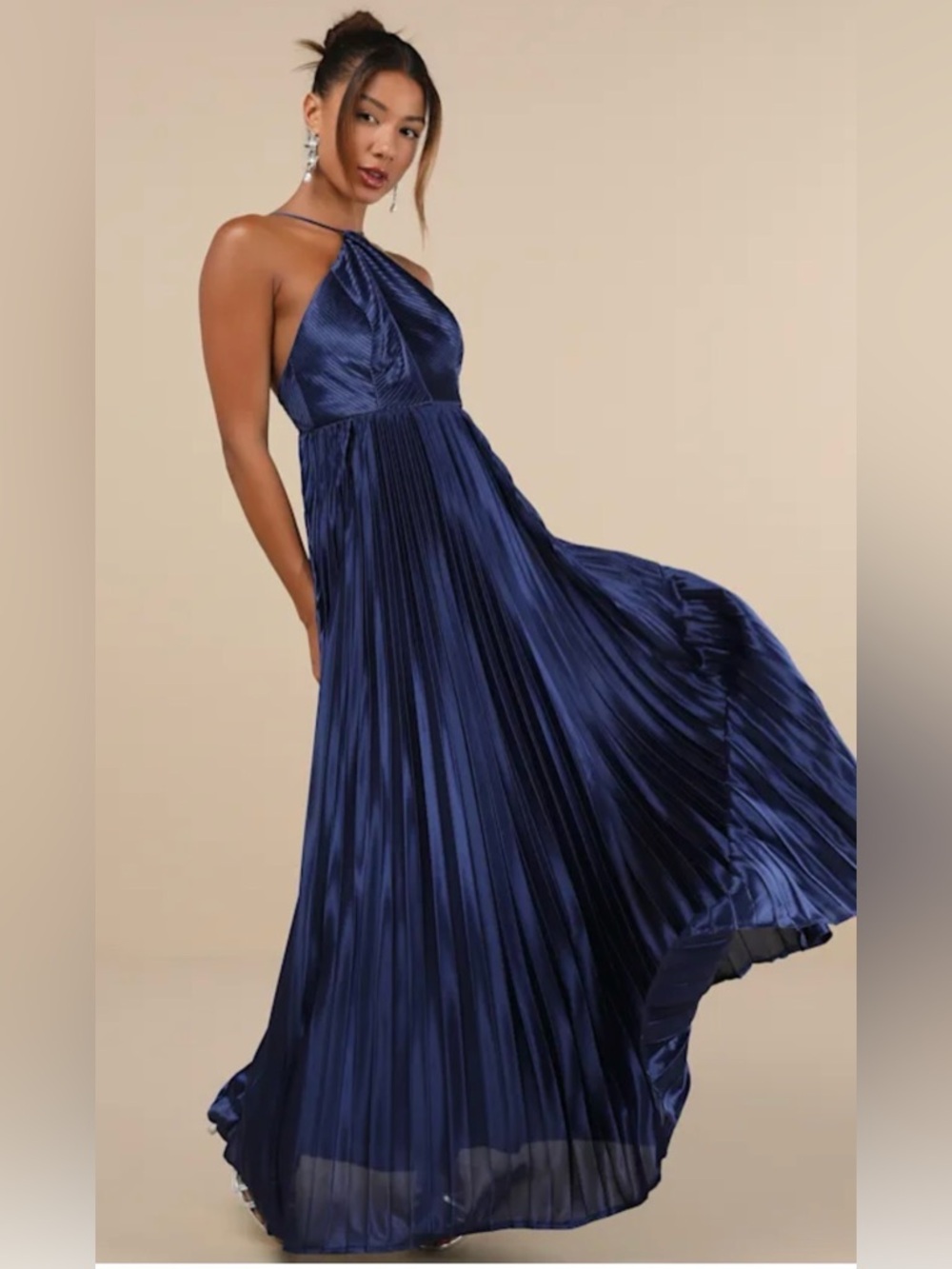 Lulus Elaborate Charm Navy Blue Satin Pleated Backless Maxi Dress XS NWT